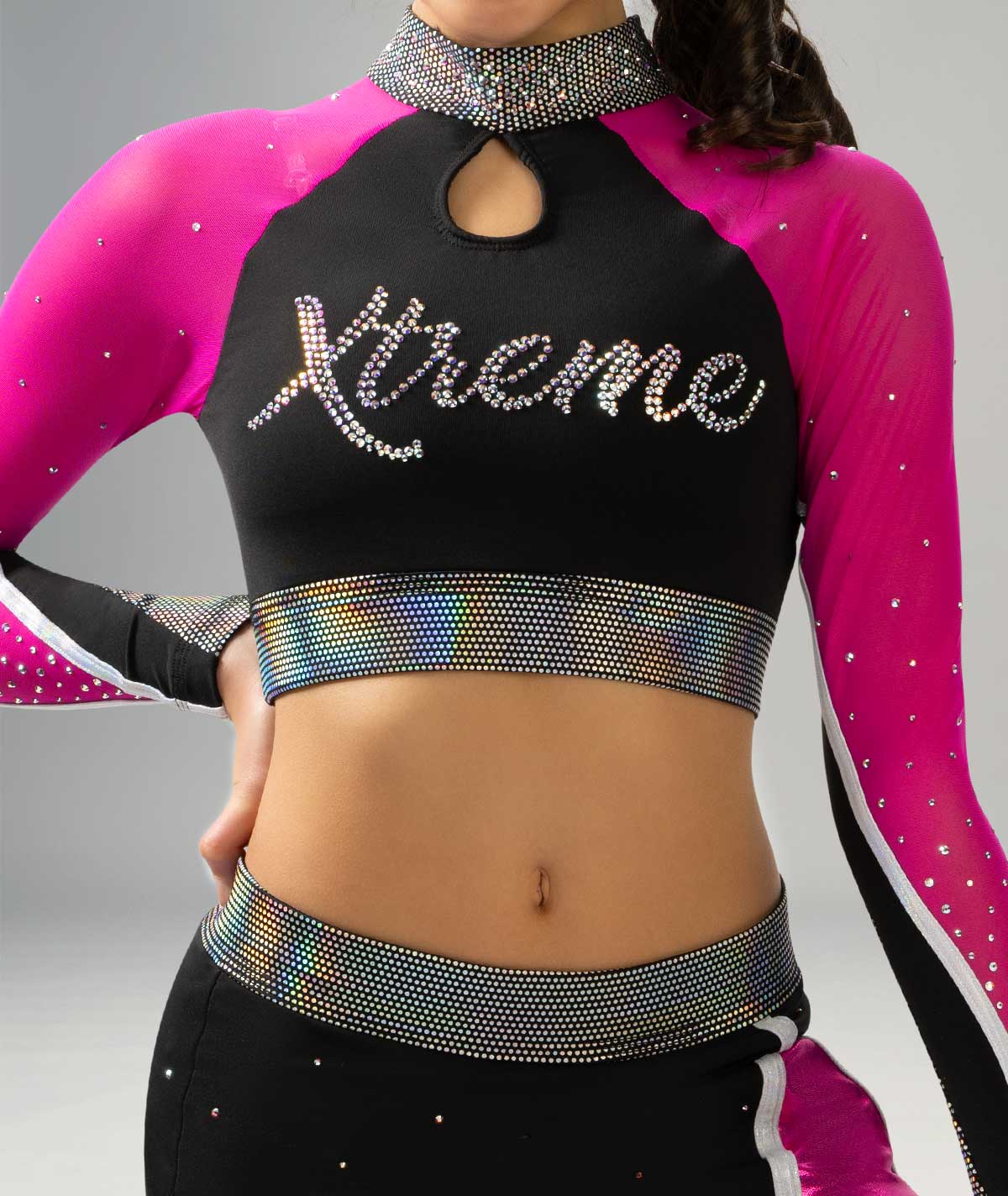 GK Cheer All Star Mock Neck Cropped Top with Contrast Underarm Sleeve and Keyhole Details